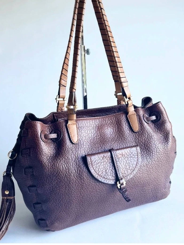 Ellen Tracy Tan Brown Pebble Genuine Leather Handbag Shoulder Bag.